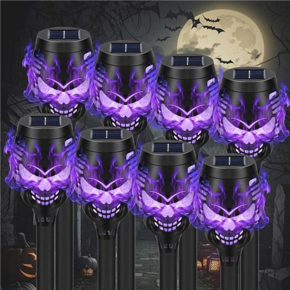 Solar Halloween Decorations Outdoor, 8 Pack Spooky Skulls Solar Torch Flame